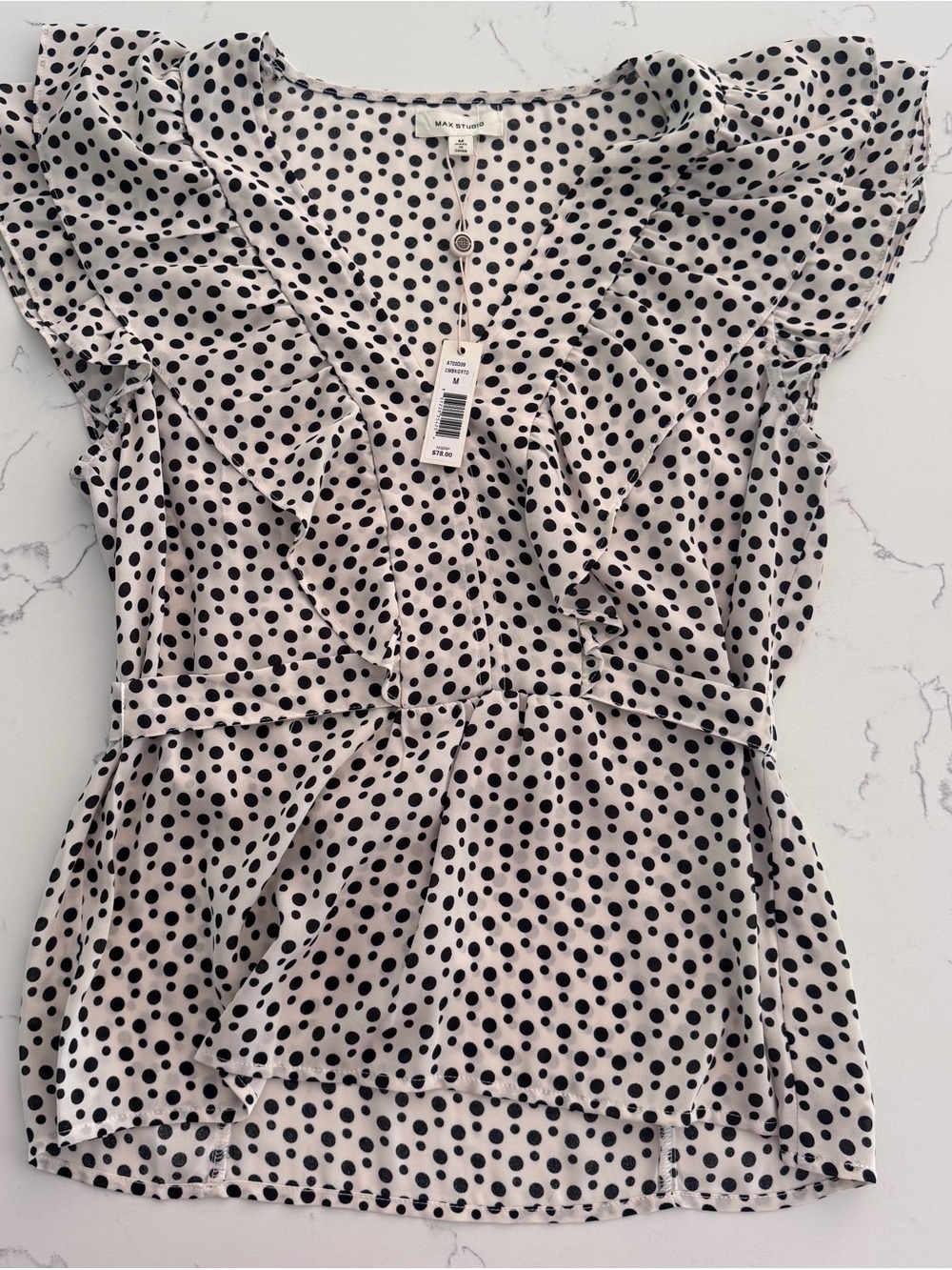 NWT Max Studio Womens M Polka Dot Ruffle Blouse Tie Back Flutter Sleeve MSRP $78